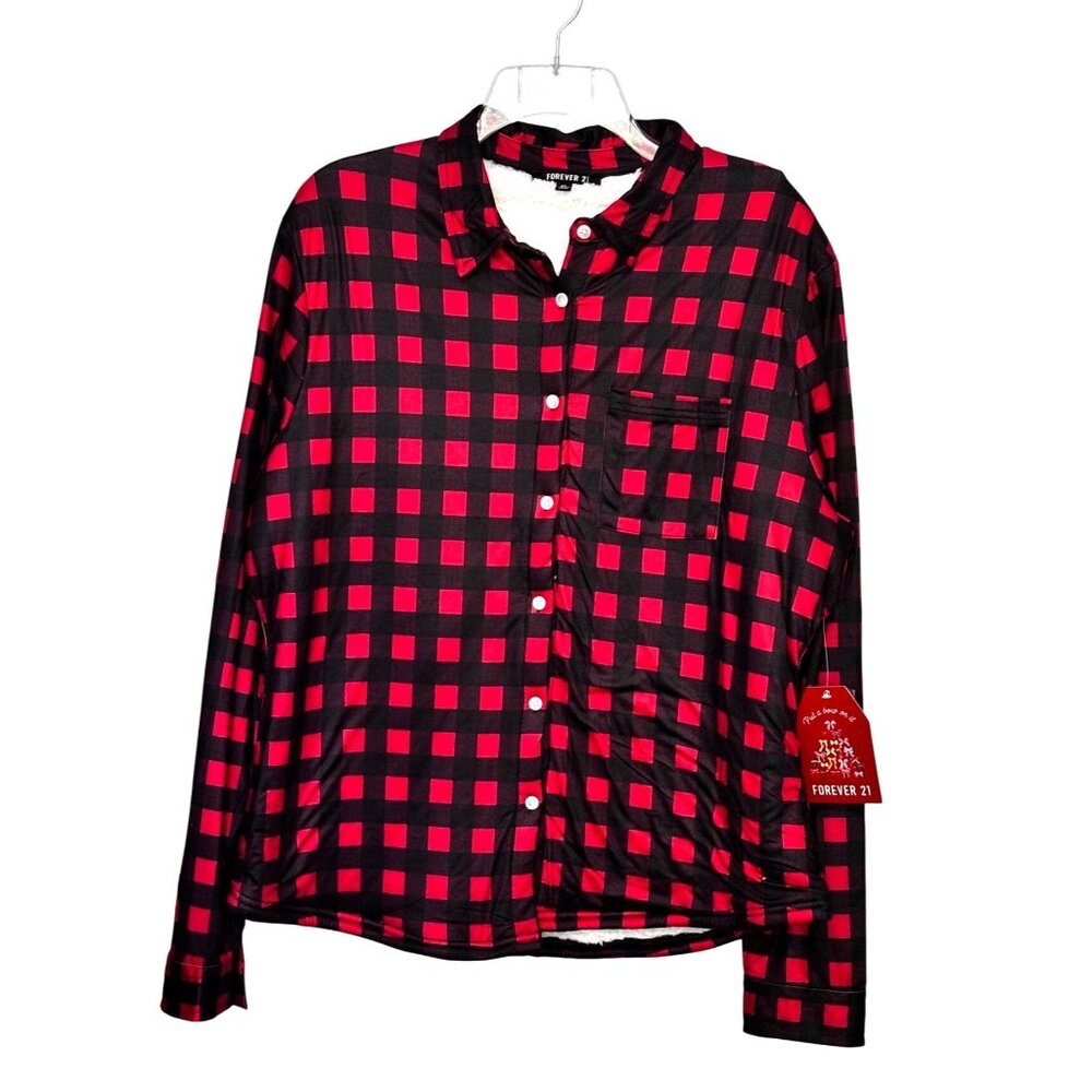 Forever 21 Red & Black Buffalo Plaid Sherpa Shirt Jacket XL‎ Lumberjack Cozycore